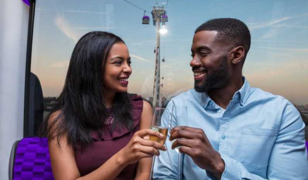 A couple toast with a glass of Champagne on the IFS Cloud Cable Car